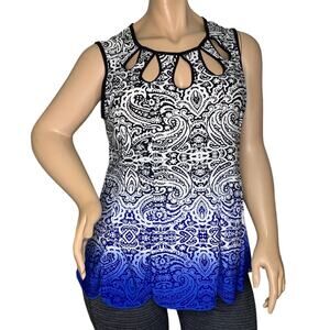 Maria Gabrielle sleeveless Top Size 2X Black Blue and White Paisley Ombre Print